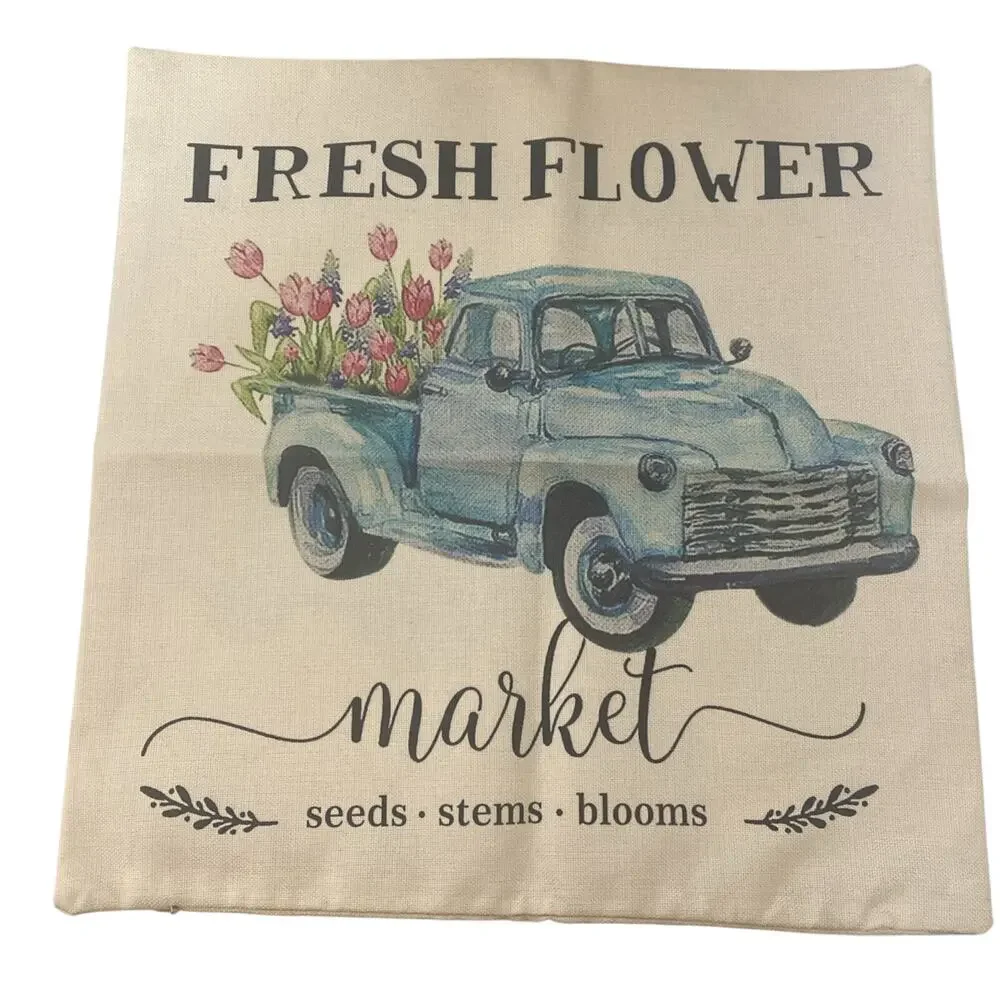 17”x17.5” THROW PILLOW COVER w/ZIP Fresh Flower Market w/blue TRUCK